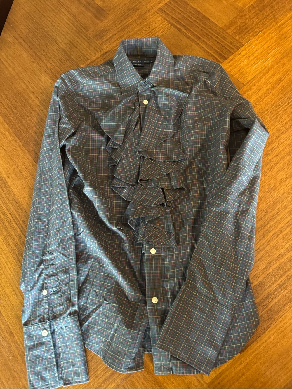 Ralph Lauren Sport Plaid Ruffle Tie Neck Blouse Cotton Sz 8